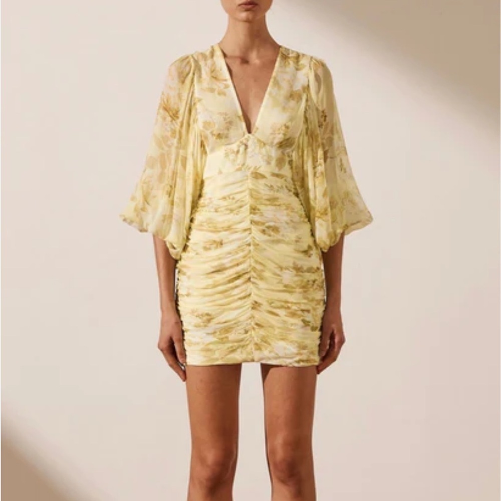 Shona Joy Leticia Plunged Ruched Mini Dress in Cream Multi US6